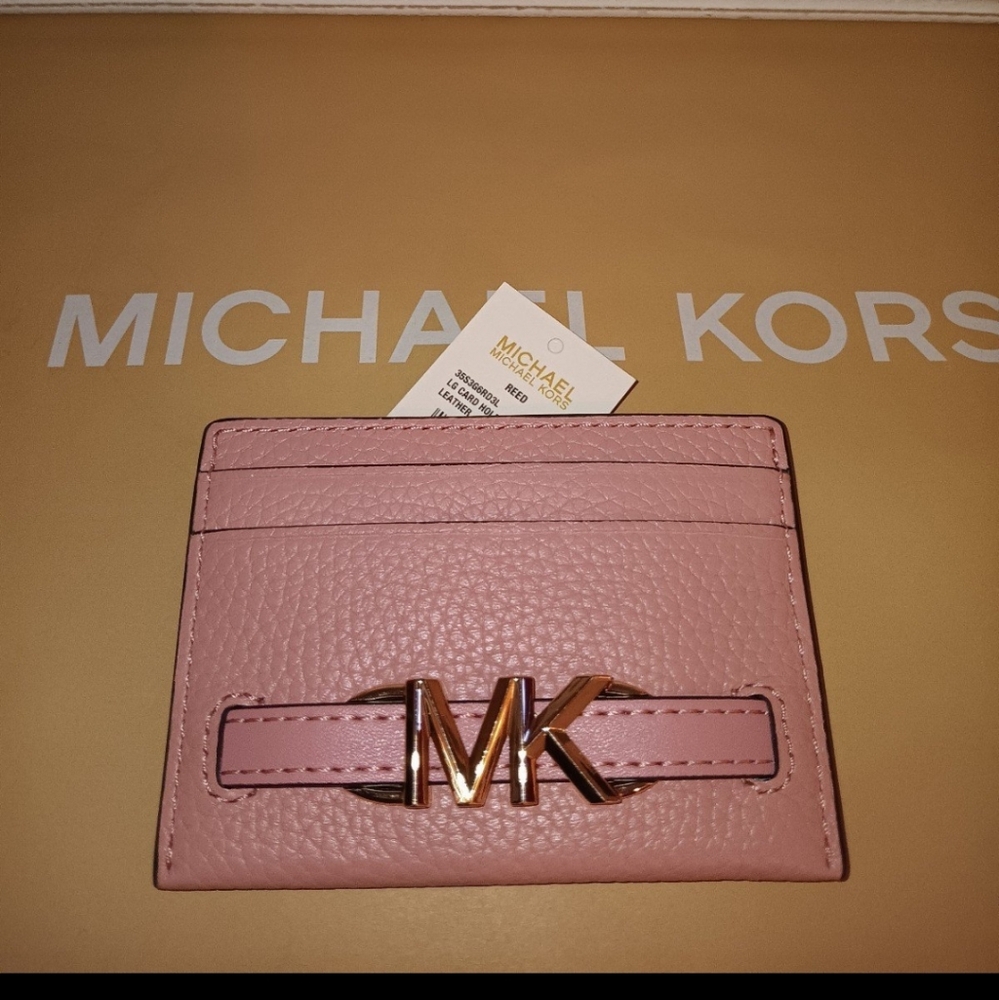 NEW! Michael Kors Reed Logo Card Holder MK Signature - Primerose Leather